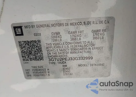 2018 GMC Sierra 1500 Denali z USA, uszkodzony, nr VIN 3GTU2PEJ3JG332999